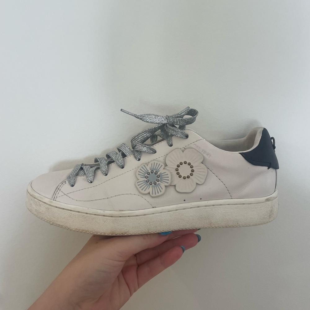 Custom COACH blue and white sneakers with silver laces. Size 10 Women’s